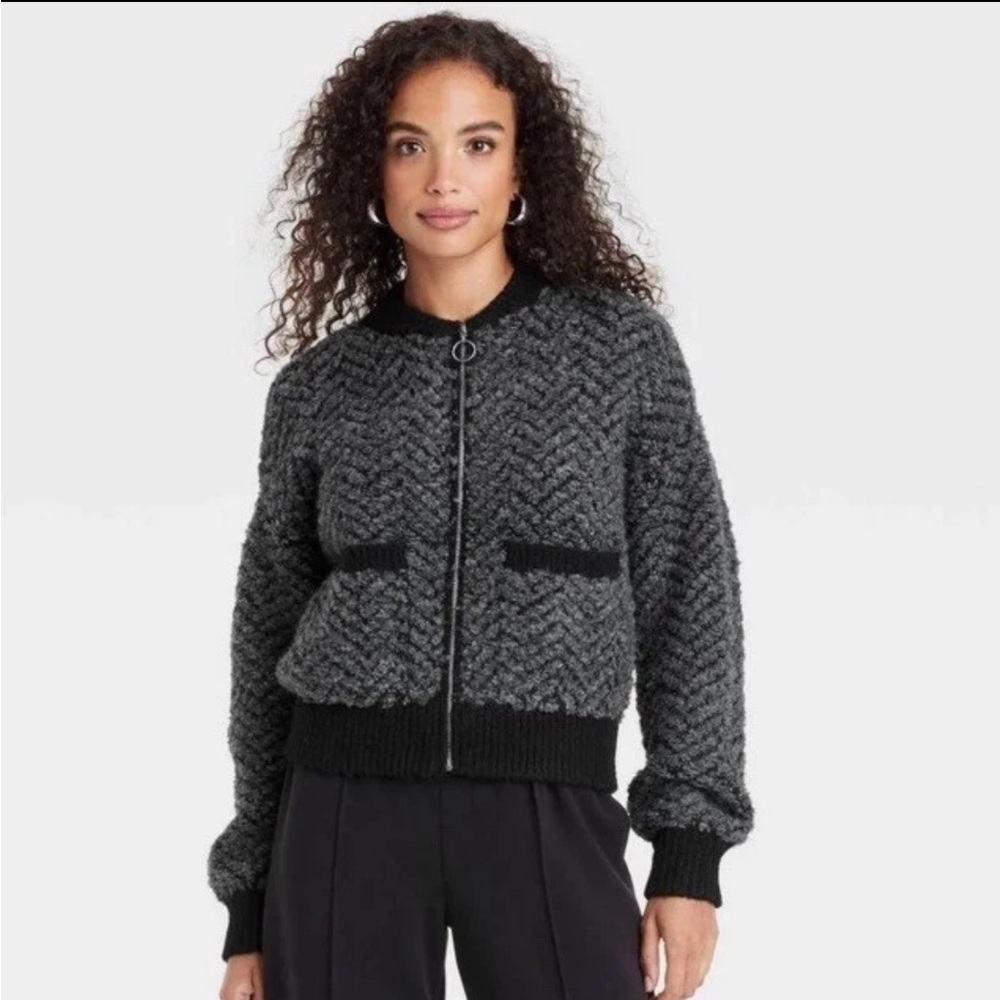a new day Cozy Black and Gray Herringbone Women's Zip Up Bomber Jacket